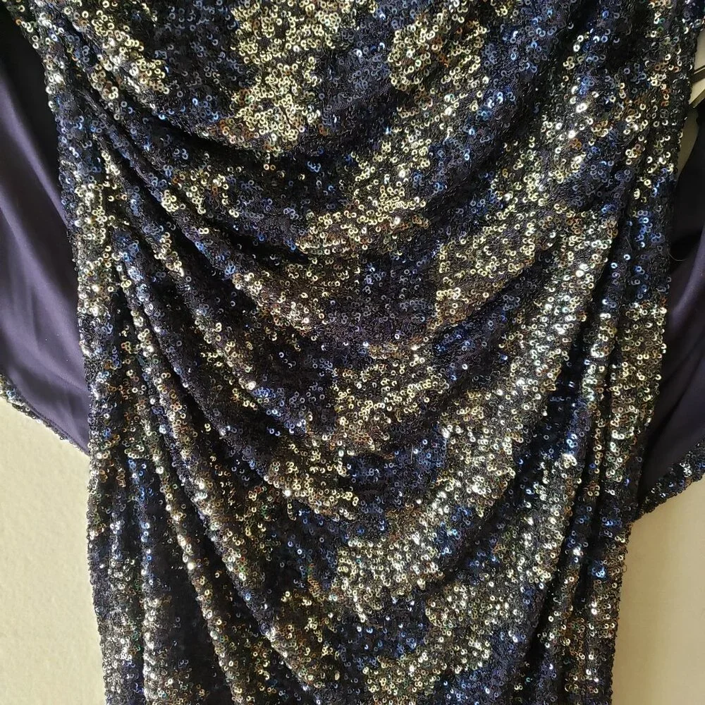 R & M Richards NYC Womens 6 Drape Back Blue / Silver V Back Sequin Dress NWT - Picture 4 of 14